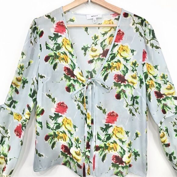 Milly Maggie Rose Print 100% Silk Bell Sleeve Lightweight Blouse - Picture 6 of 16